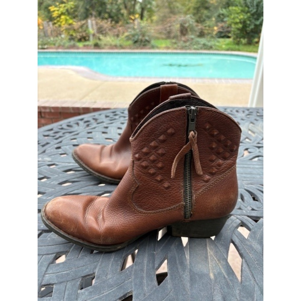 Born Womens Brown‎ Leather Studded Ankle Boots Side Zip Block Heel